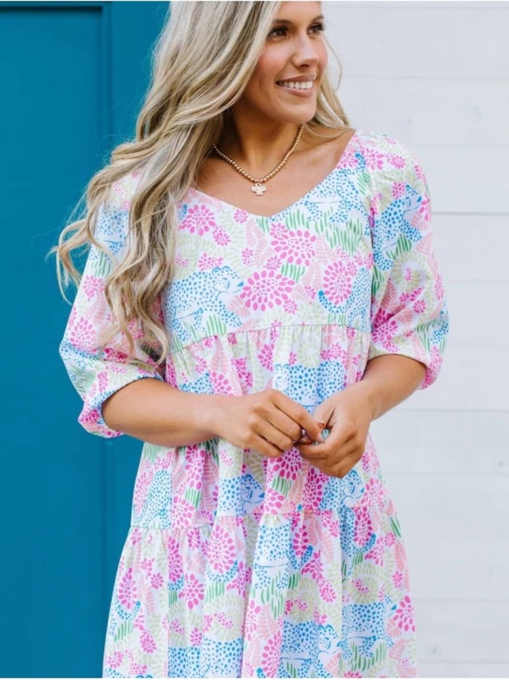 Michelle McDowell Leopard Floral Tiered Midi Dress Small Puff Sleeve